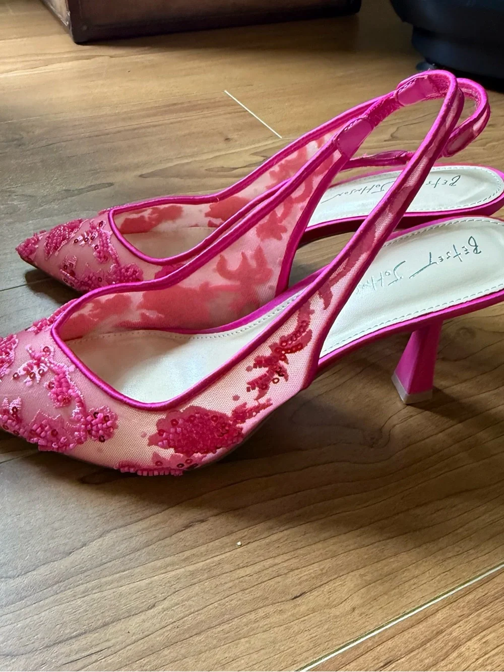 Betsey Johnson Hot Pink Beaded Slingback Heels - Picture 4 of 5